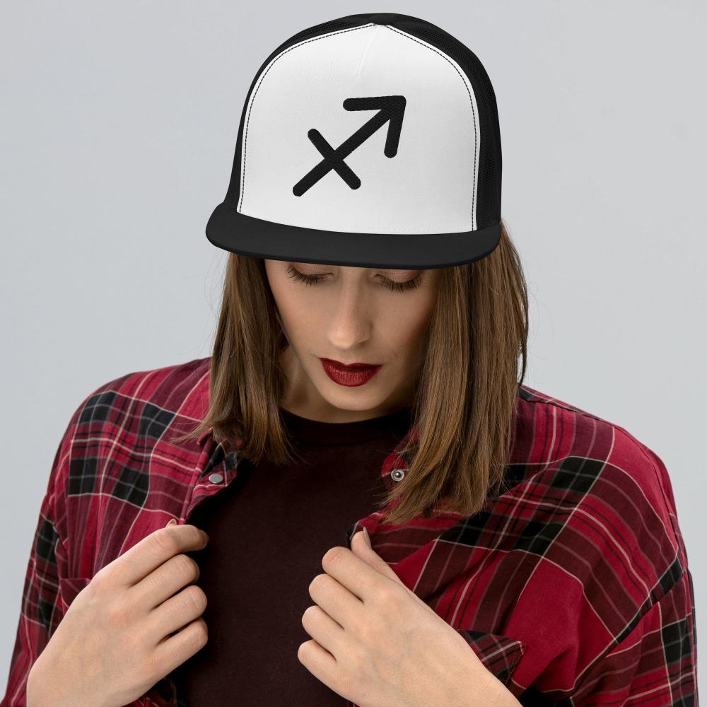 Sagittarius Zodiac Embroidered Flat Bill Trucker Hat - Black/White/Black Color - https://ascensionemporium.net